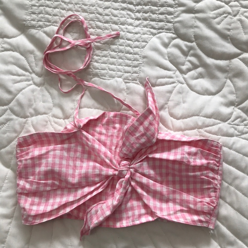 Anthropologie Pink gingham halter crop top